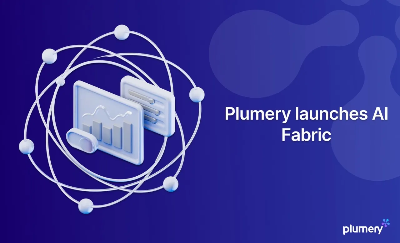 Plumery launches AI Fabric — dashboard panels orbited by connected nodes