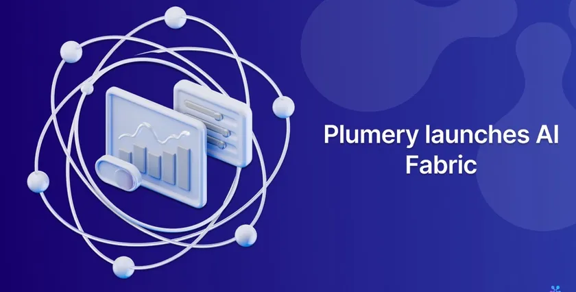 Plumery launches AI Fabric — dashboard panels orbited by connected nodes