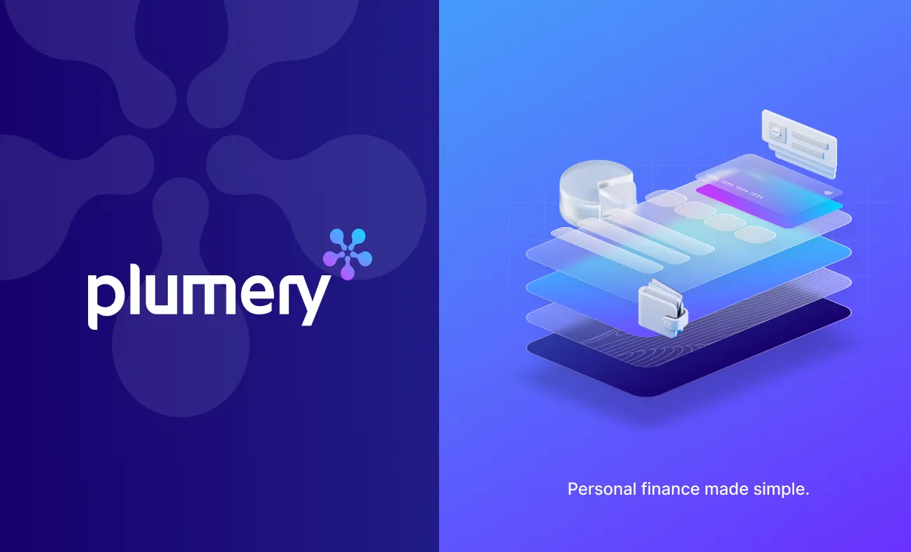 Plumery wordmark beside a layered card and wallet illustration captioned “Personal finance made simple.”