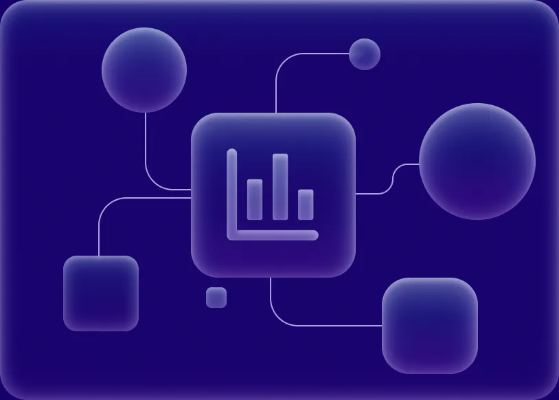 Frosted glass nodes connected to a central analytics panel