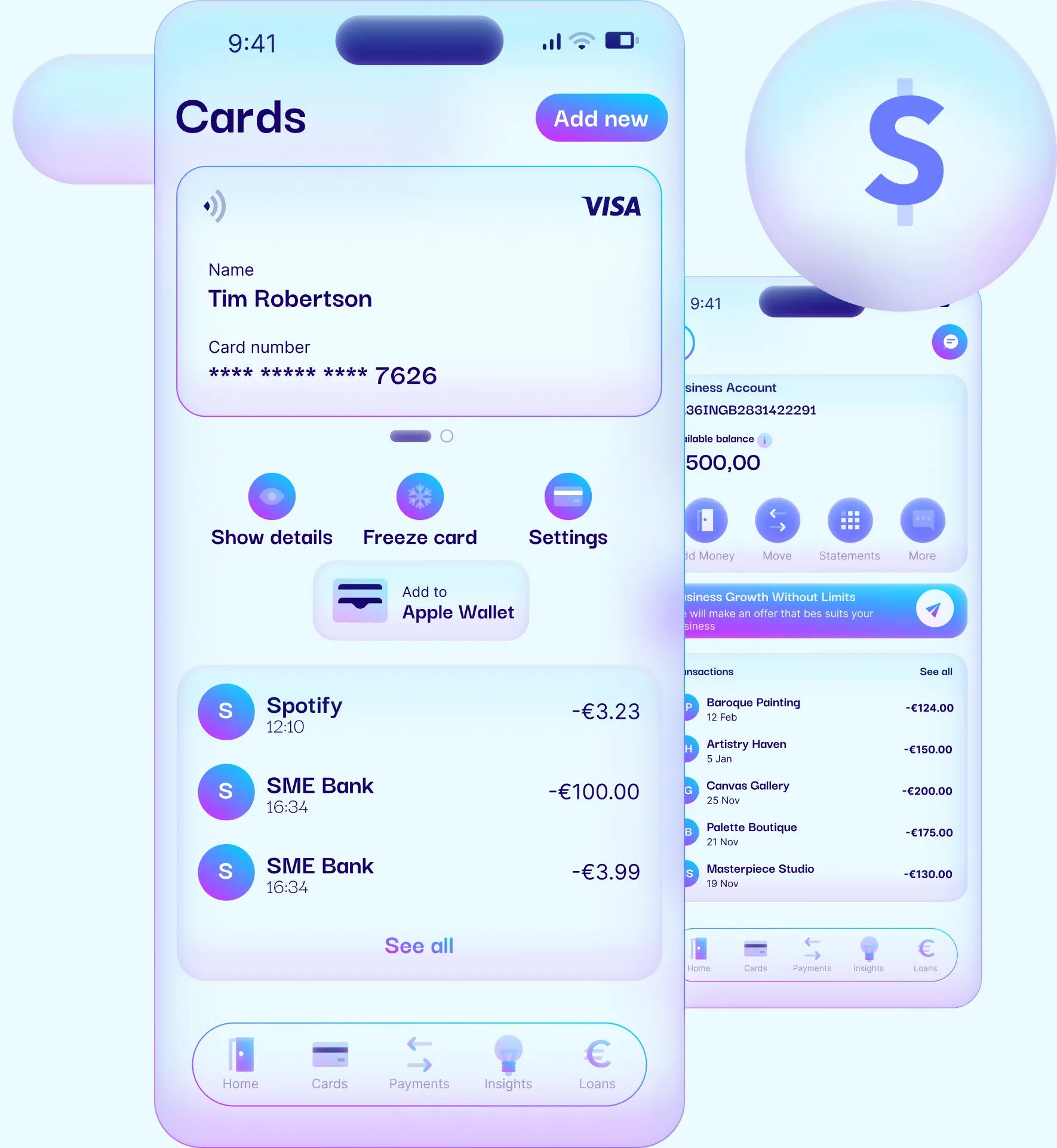 Plumery mobile banking screens: a cards view showing a Visa card and recent transactions, with a business account dashboard behind it