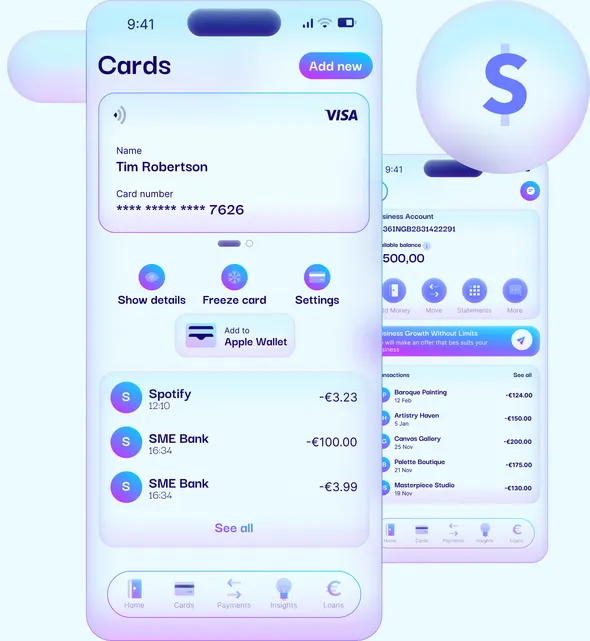 Plumery mobile banking screens: a cards view showing a Visa card and recent transactions, with a business account dashboard behind it