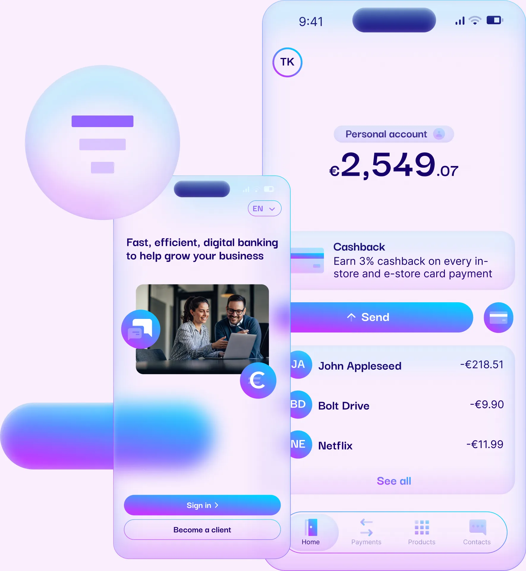 Plumery fintech app screens: a personal account balance with cashback and recent payments, and a sign-in screen alongside it
