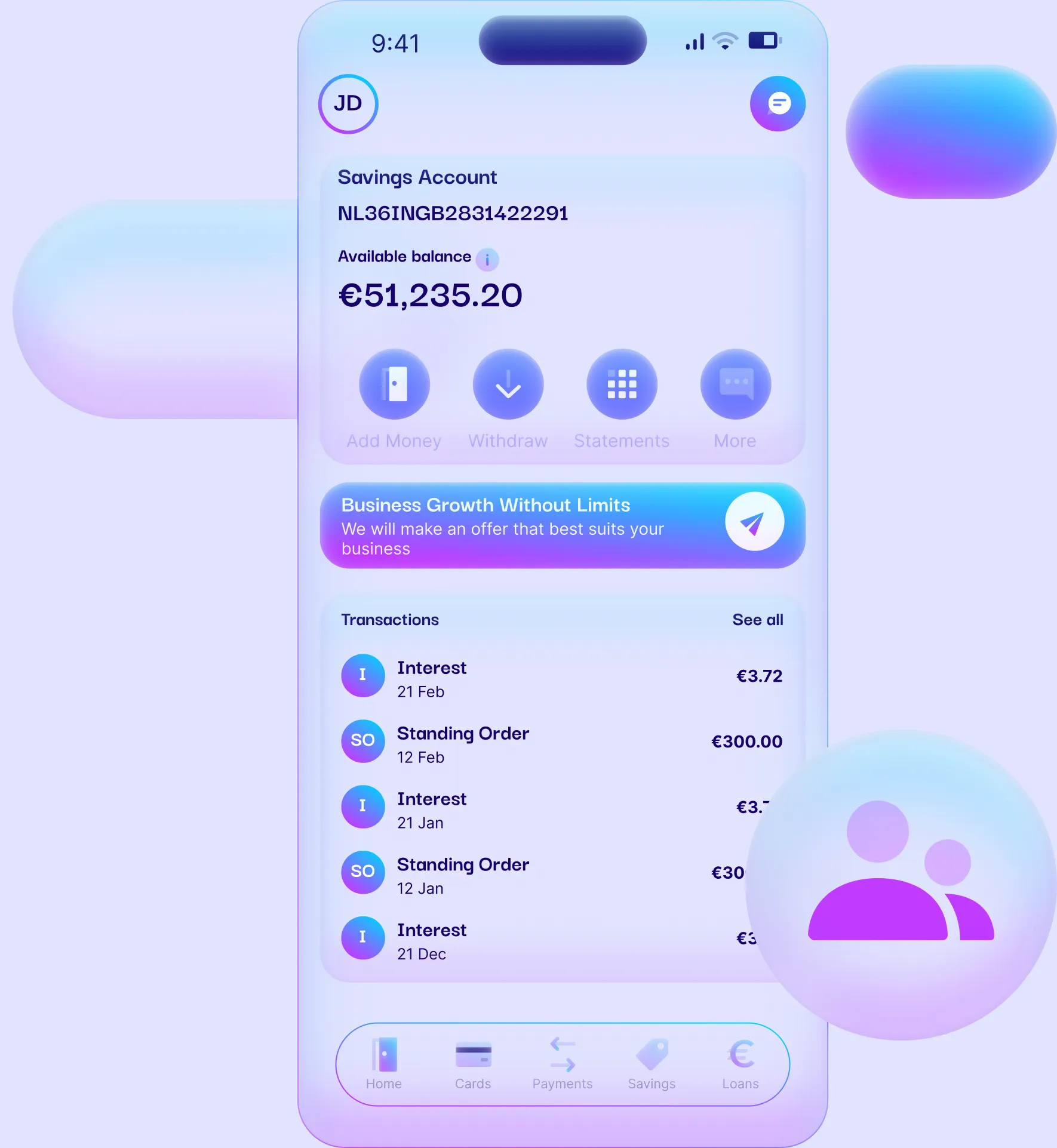 A credit union mobile app showing a savings account balance, a personalised offer and recent transactions, beside a members icon